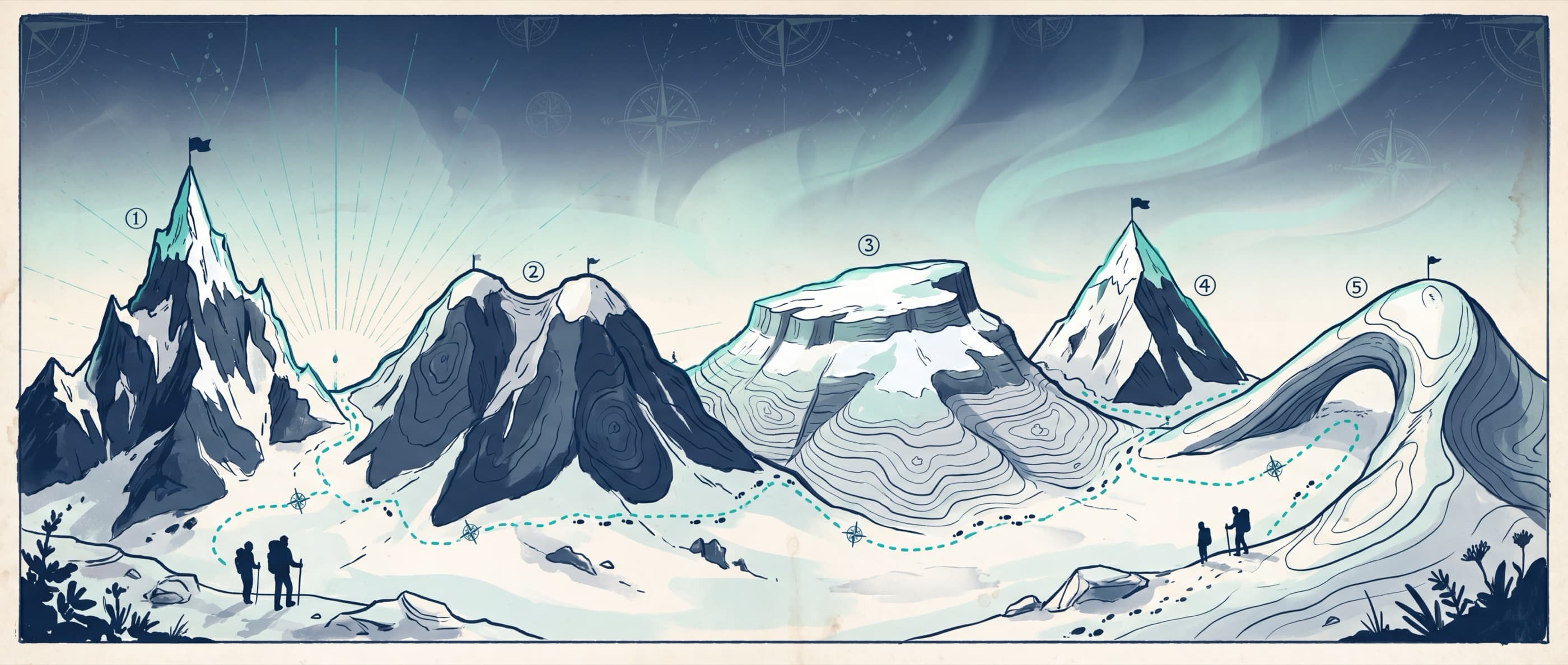A panoramic hand-drawn range of five distinct mountain peaks linked by a dashed route along the base.